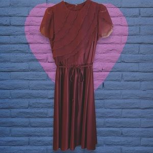 Vintage 1970s disco plum ruffle and flutter sleeve dress-31” waist